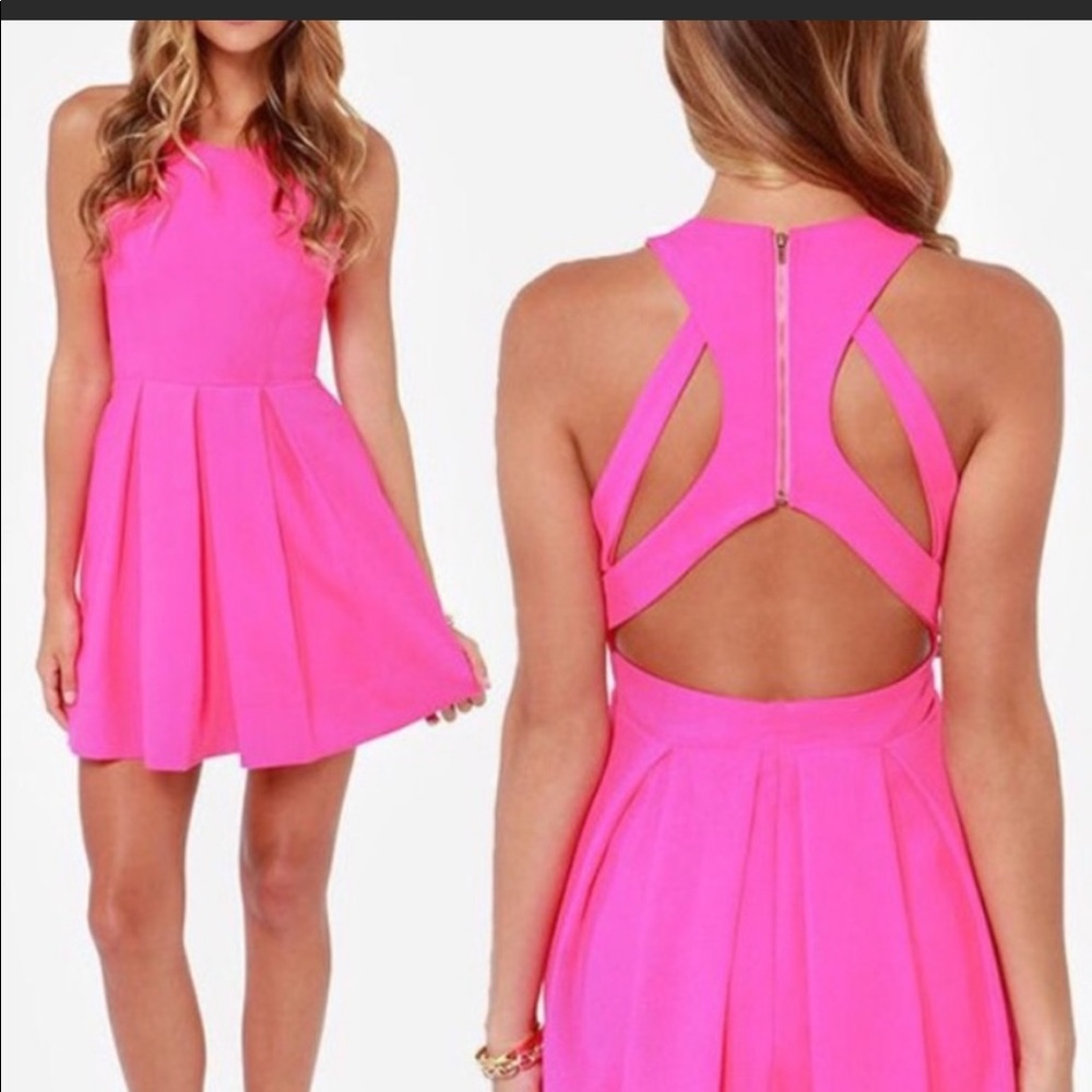 Bright pink LuLus backless skater dress L